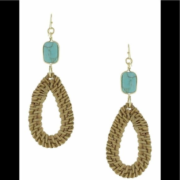 Olivia Welles Sandra Straw Drop Earrings, Tan/Turquoise, NWT - Picture 2 of 7